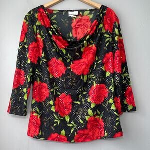 Y2K Sequin Top Size Large Black Red Roses Drape Stretch Going Out Whimsigoth
